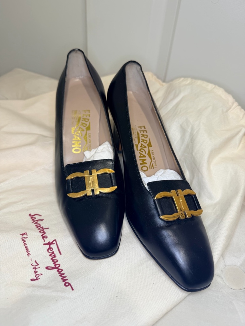 Salvatore Ferragamo Black Leather Loafers with Gold Gancini Hardware